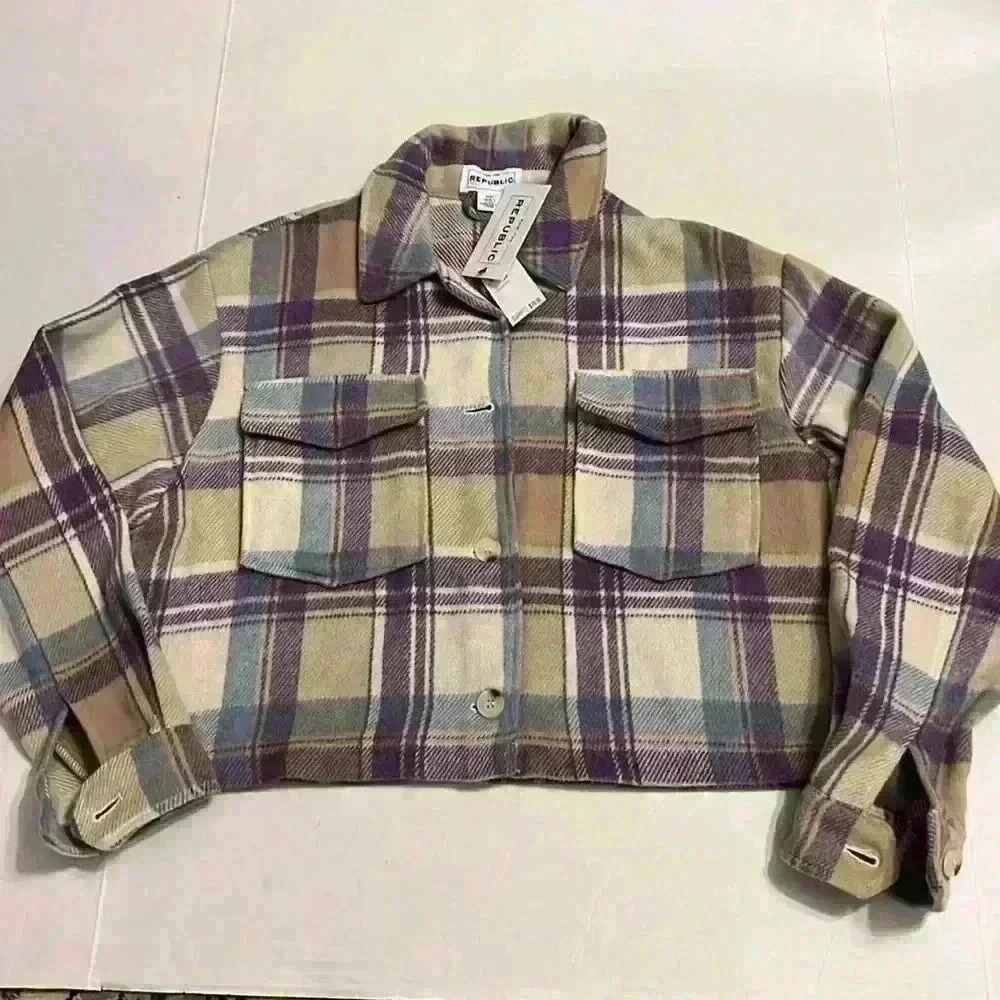 For The Republic Plaid Cropped jacket purple blue beige size medium -flannel - Picture 3 of 11